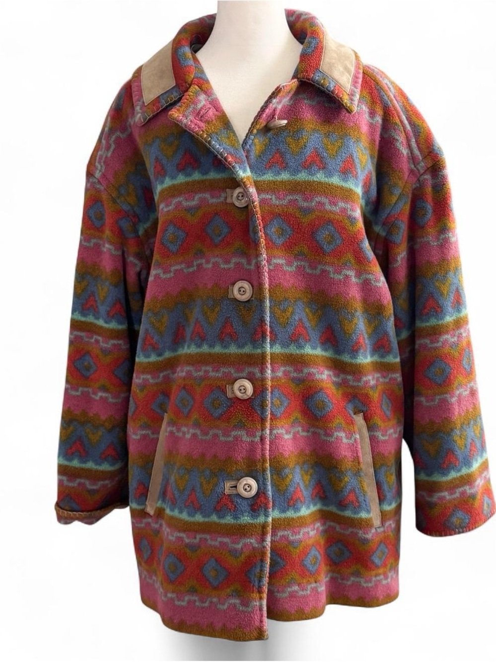 Vintage Aztec Print Fleece Jacket Suede Trim Fits Large XL
